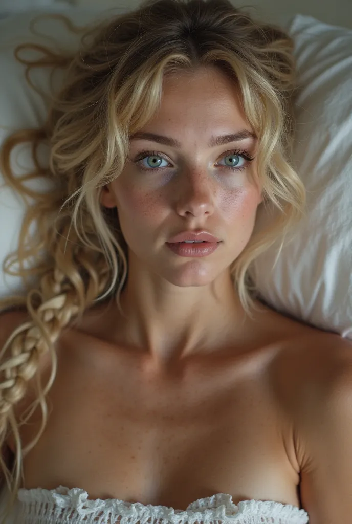 
Very Realistic, 18-year-old girl, (European) very fit, sweaty, blue eyes with blond braids, with a few young girls without panties, and without crop tops touching her big  while kissing each other. They are all in a bed too.