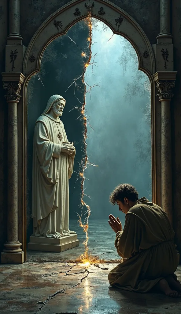 A mirror reflects a saint statue on one side and a person kneeling in prayer on the other. The reflection shifts—idolatry vs. true worship. Moody lighting, fractured glass edges