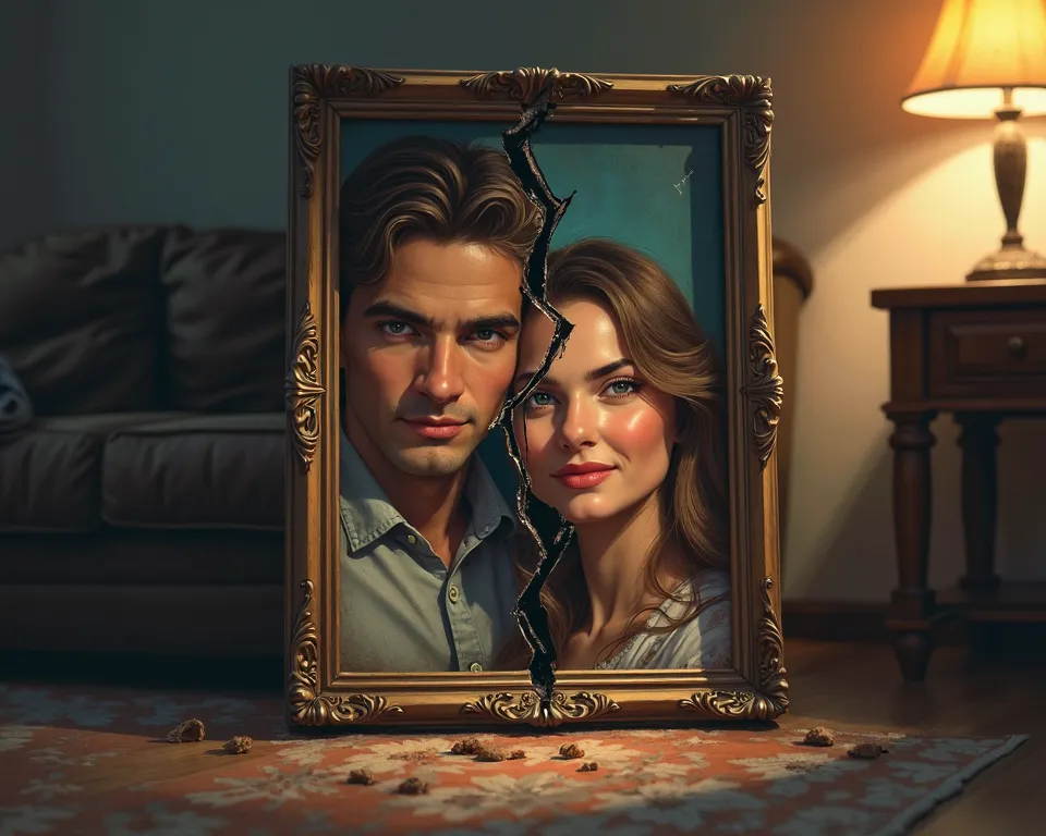 A broken wooden frame lying on the floor of a living room with a picture of a happy couple separated by a crack in the middle, detailed, precise, blur, vibrant colors, night