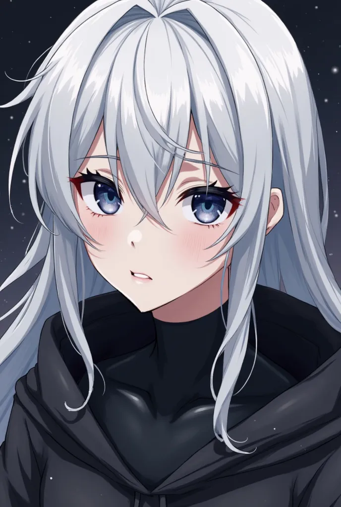 Anime The guy's height is 190 cm, he looks 20 years old. He has long silky white hair and white eyelashes. He has dark blue eyes and pale skin. He also has a long crescent-shaped scar on his left eye. He is wearing a black hooded suit.