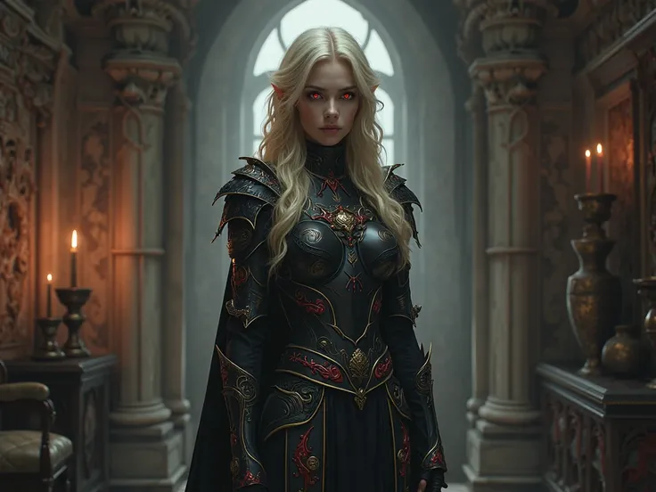 Fantasy Dark Elf Blonde with red eyes in a dark house