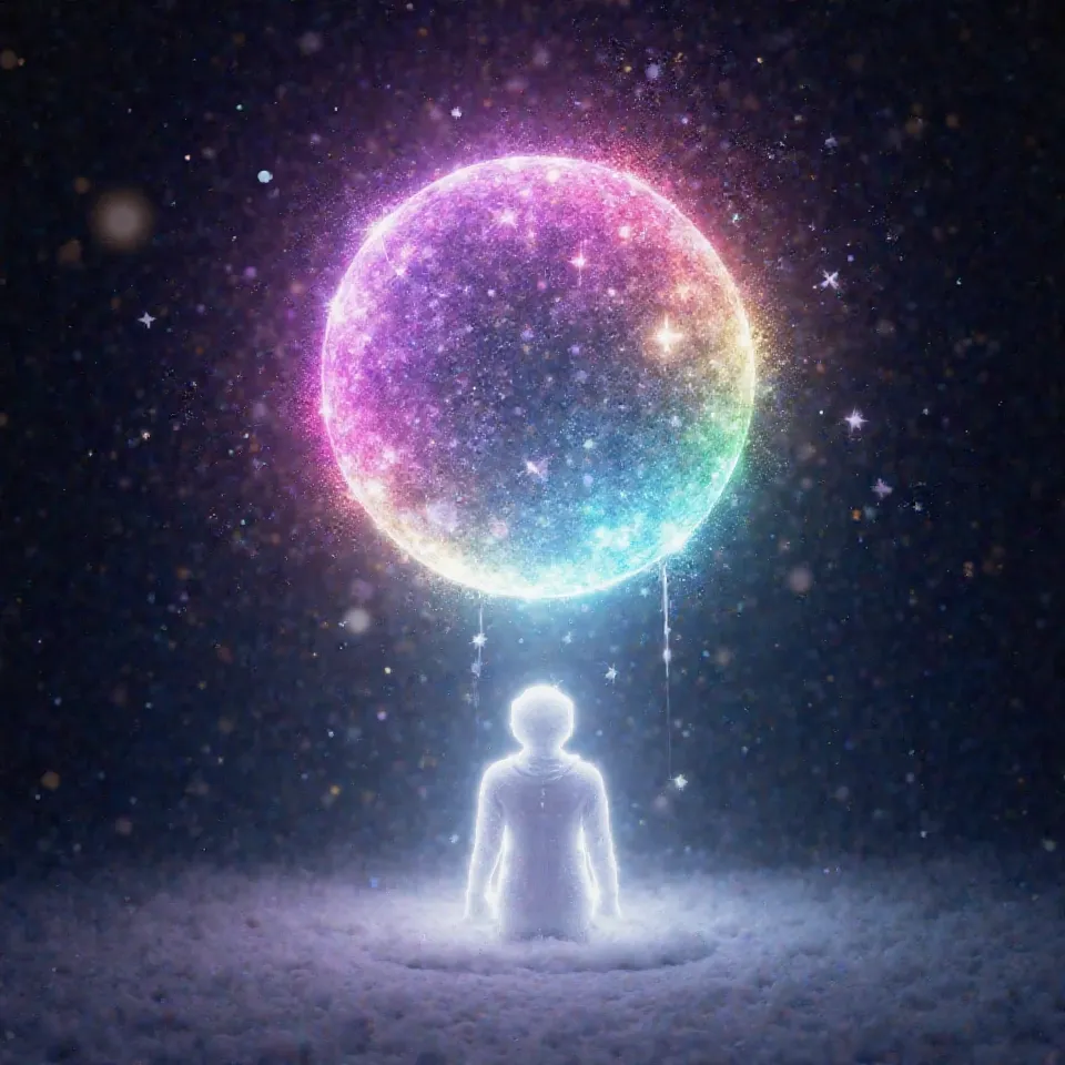 A 4k image of a White glowing person in the middle bottom, flowing beneath a glowing Ball of the colors purple, pink, green, yellow and Blue, background almost black with glowing stars and particles shooting from the ball