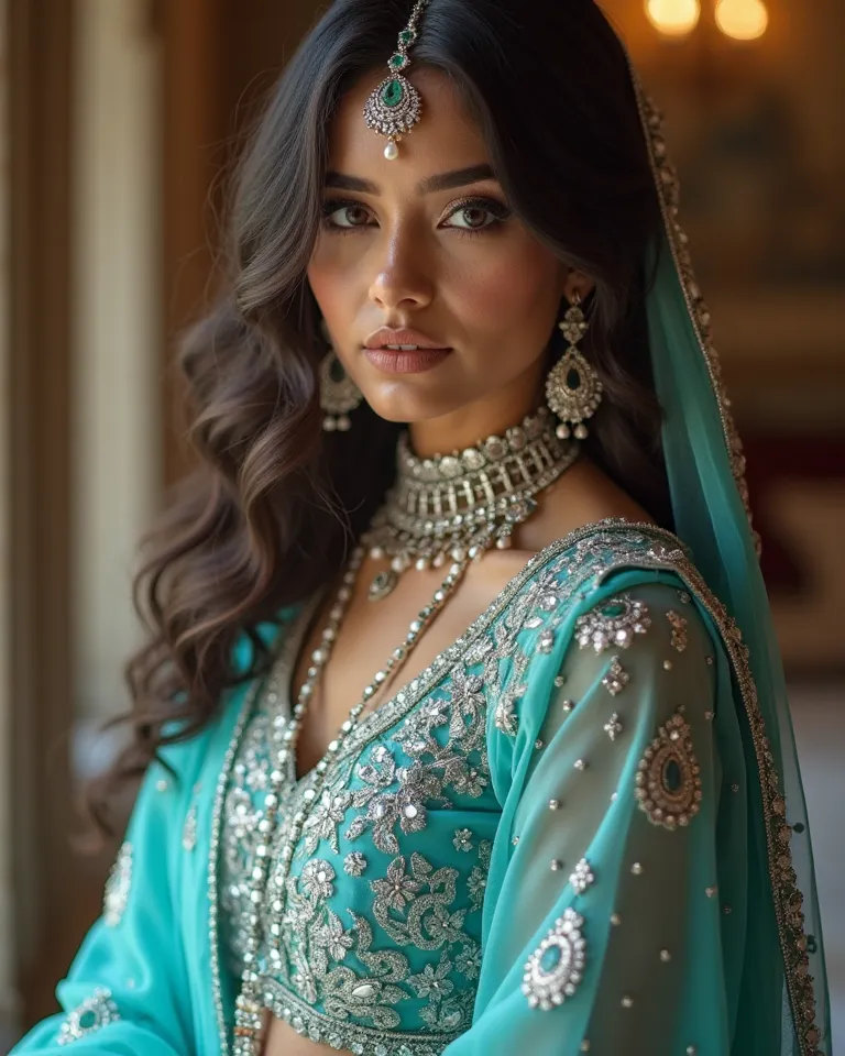 A mesmerizing Indian woman in a vibrant turquoise blue lehenga, embroidered with silver threadwork and delicate mirror embellishments, adorned with diamond and aquamarine jewelry, her eyes lined with kohl, soft wavy hair cascading over her shoulders, subtl...