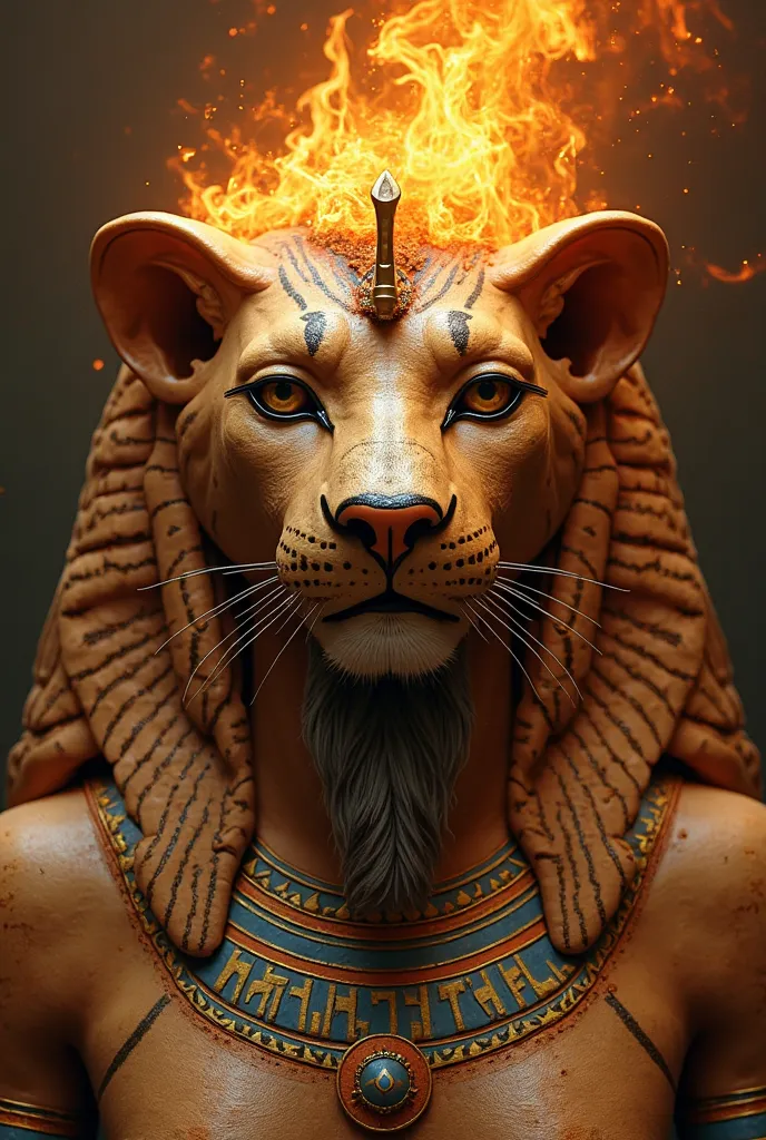 Sekhmet, the Egyptian goddess with a lion's head, was a dreaded and venerated figure, personifying war, the healing and destructive and protective power of the Sun. Her lioness head, with its flaming mane and penetrating eyes, symbolized her ferocity and i...