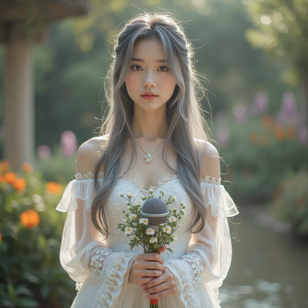 Create a realistic 8k Hd of beautiful korean. Bride wearing  casual gown , facing camera , long gray casual hair , half body ,standing in the garden, holding a mic ,  name ERIELLE written in his attire, mystical garden with flowers background