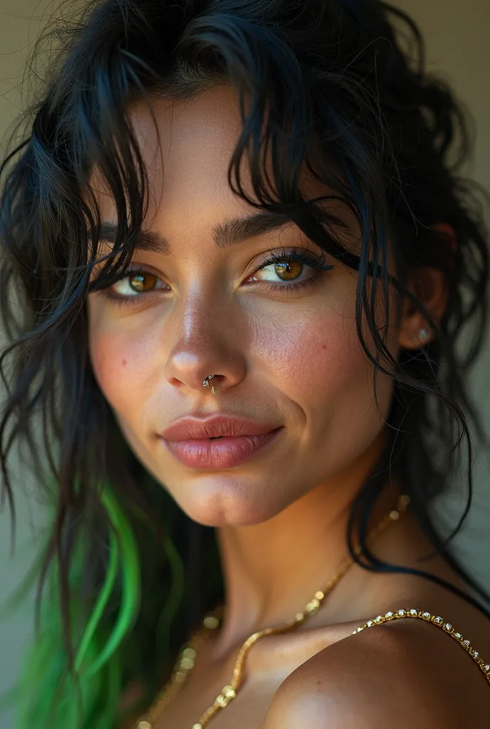 Close-up portrait of Cecilia No Rules smirking with her head slightly tilted, the smile is suggestive but clear, she is smiling naturally. Long messy hair, with neon green highlights, confident look. Dim tungsten light, soft reflections on her skin. Editor...