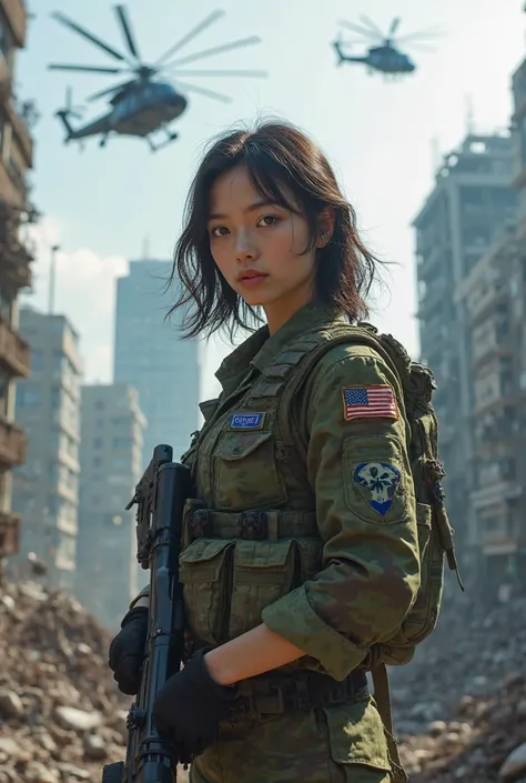 8k,realistic、hyperrealistic、In the background are many high-rise buildings that collapsed in the earthquake.、Black smoke is rising。Two attack helicopters are flying in the sky.、SWAT officers rappelling down from a helicopter、 Center of Screen is a beautifu...