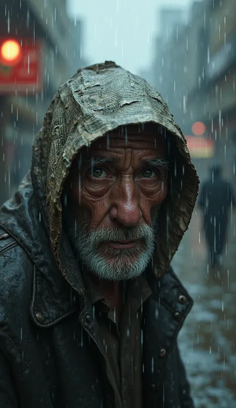 Two eyes of an old man are covered with the newspaper on his head while it rains on the blurry street. 