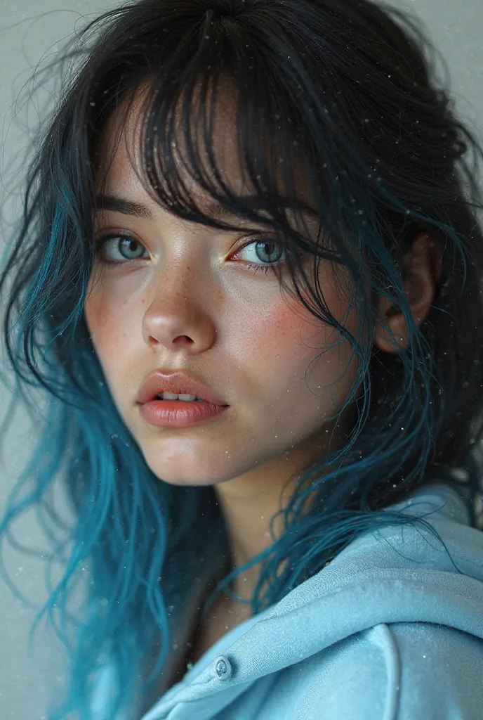 A girl with black hair and light blue locks, light brown skin, a light blue hoodie. 