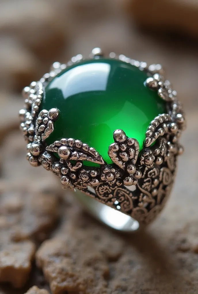 "The design of a Yemeni ring is made of shiny silver, with a large green agate stone in the middle.. The ring contains floral decorations inspired by Yemeni nature, with delicate Hamiri inscriptions on the sides. The design should reflect the beauty of nat...