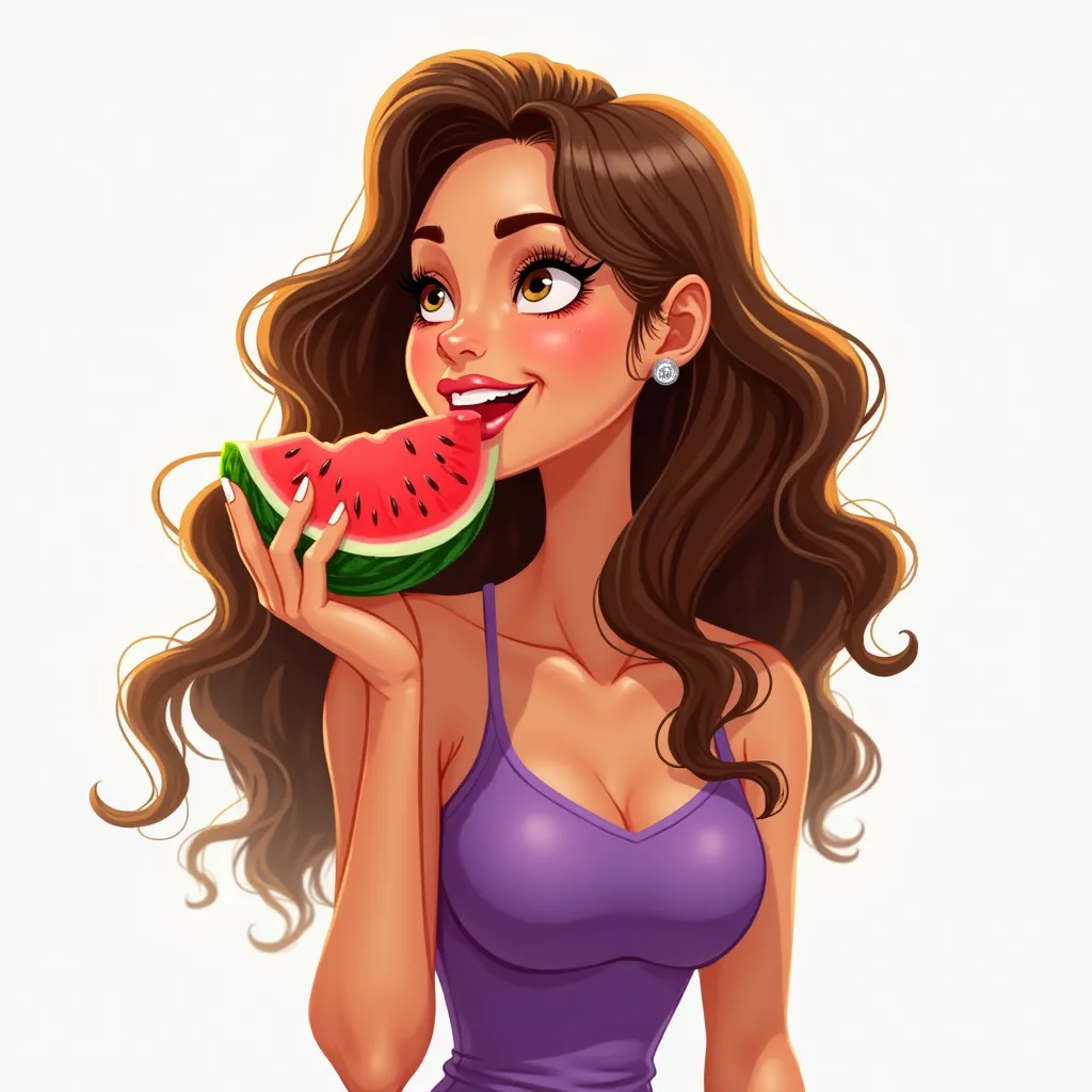 **Toon Boom Prompt:**  

A **beautiful 27-year-old woman** with **wavy hair**, wearing a **purple dress**, holds a **slice of watermelon** in her hand, smiling as she takes a bite. The **watermelon** is juicy and refreshing, with vibrant red flesh and gree...