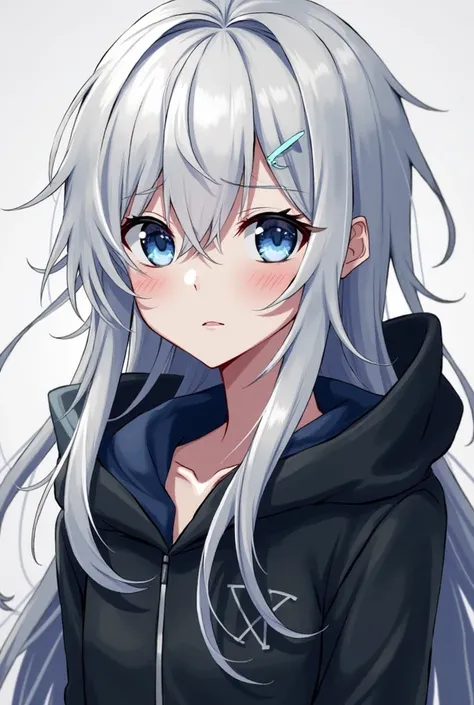 anime guy height is 190 cm, he looks 20 years old. He has long silky white hair and white eyelashes. He has dark blue eyes and pale skin. He also has a small crescent-shaped scar on his left eyebrow. He is wearing a black hooded suit.