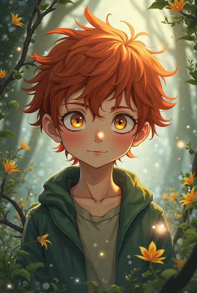 Boy with yellow eyes and red hair Ghibli style