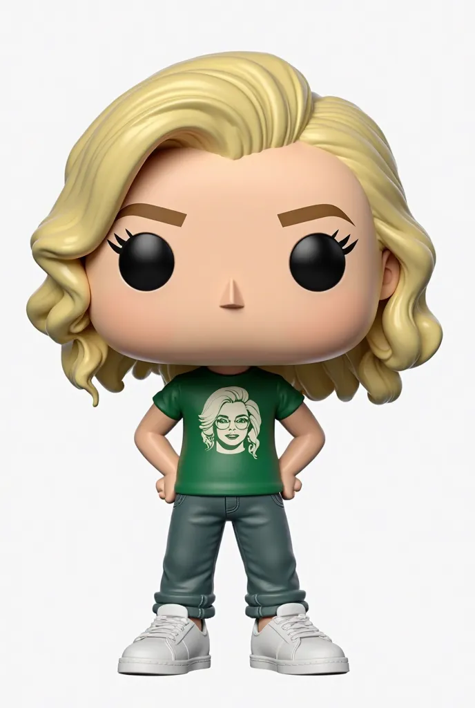 :  Funko figure wearing a /a [Gender], [ SMILING OR WITHOUT MOUTH , called [Name], wearing [DEFINE CLOTHES], [DEFINE FACIAL FEATURES, HAIR AND ECT.]. O Funko é exibido dentro e fora de a caixa Funko verde e amarela de edição limitada, allowing visibility o...