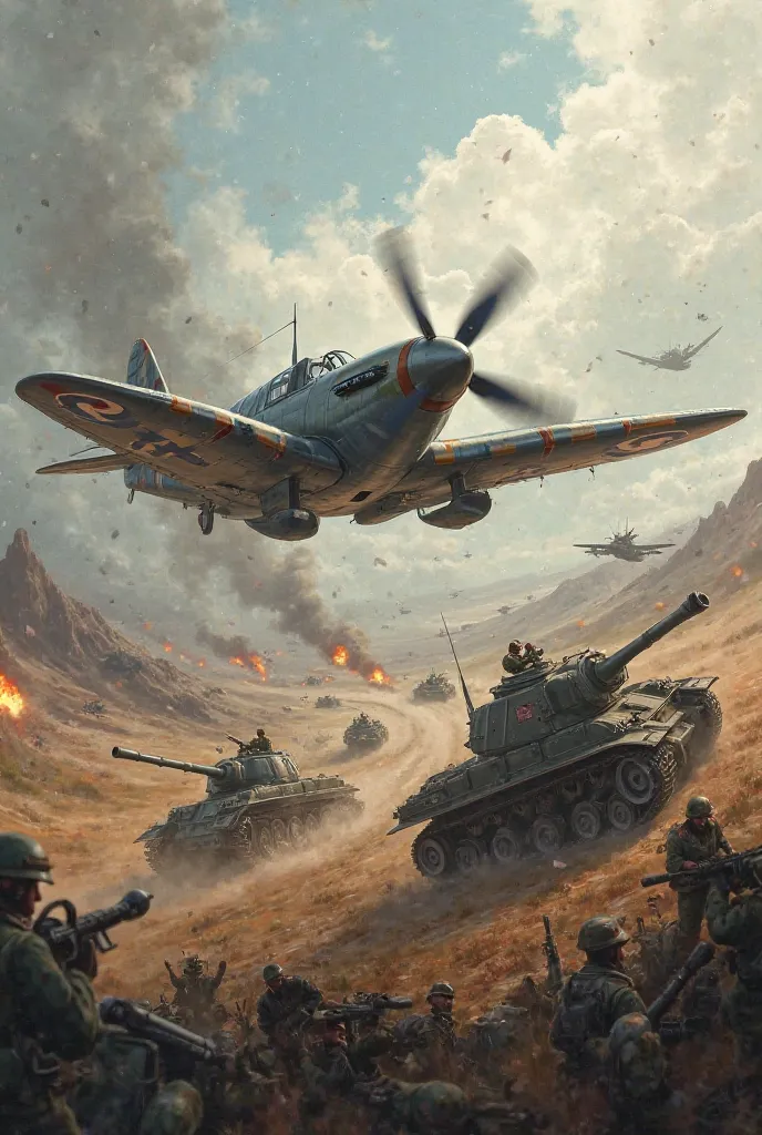 Create an image of a spitfire plane and tanks fighting with armies