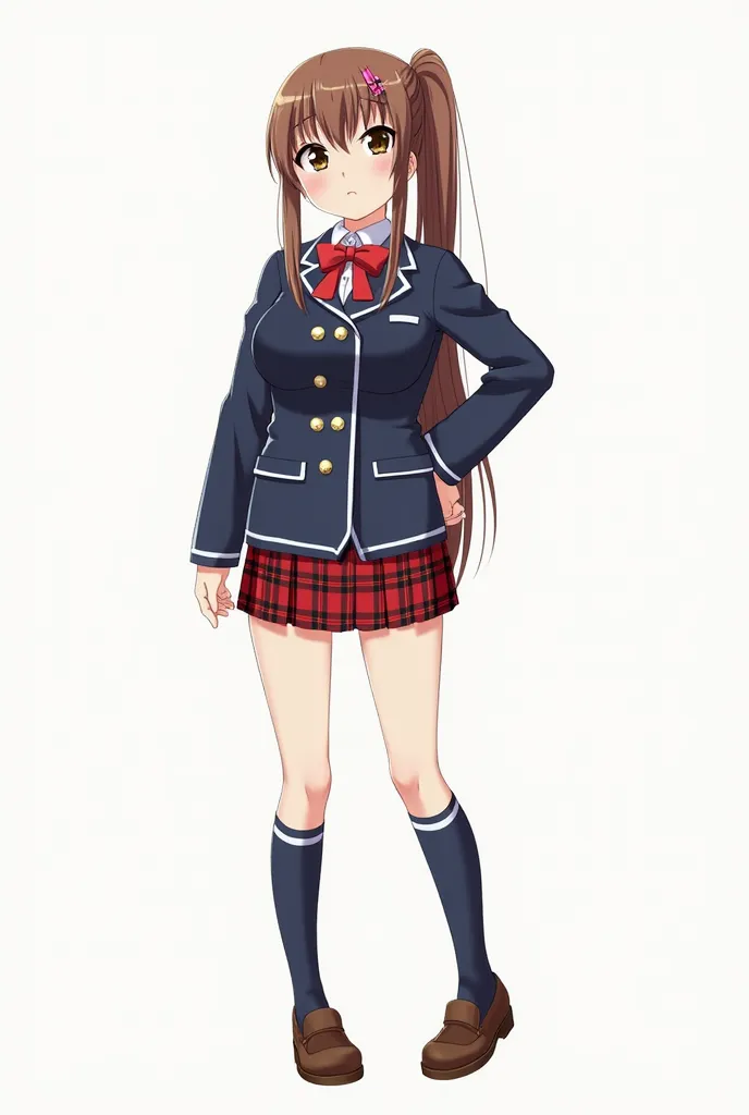 The image is an anime style illustration featuring a standing female character, she has long brown hair styled in a side ponytail and a pink hairpin. His facial features include large brown eyes and a small mouth. The character wears a school uniform consi...