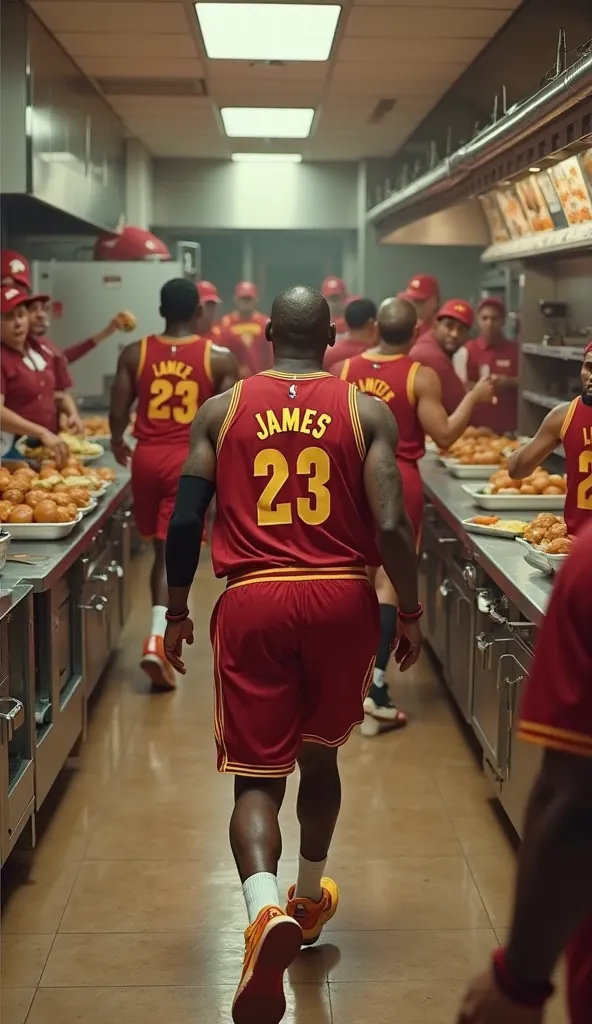 Ultra-realistic 8K cinematic-style image of 100 Lebron James, identical to the real one, running backwards through the kitchen of a McDonald's. All are dressed in basketball uniforms, with the number 23 and the name 'JAMES' on the back. Meanwhile, several ...