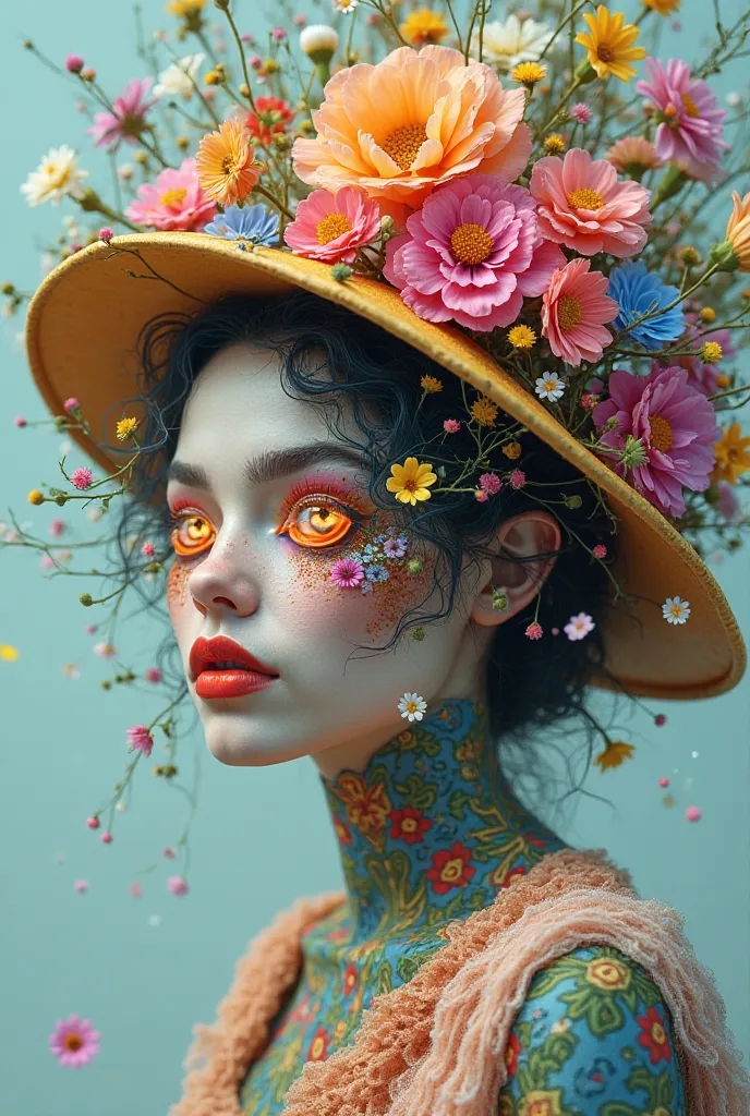 A woman with a head, Full of Colors. flowers come out of her eyes and mouth, and a hat, full of flowers . half a man half a flower