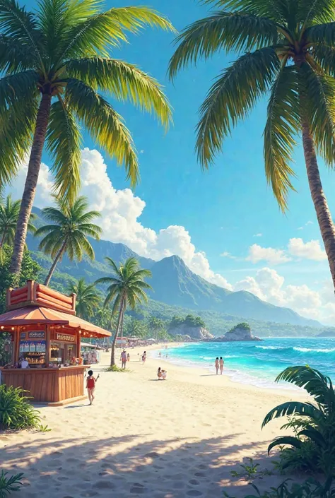 I want a beach with coconut trees, kiosks and waves, White Sand, mountain in the background. 