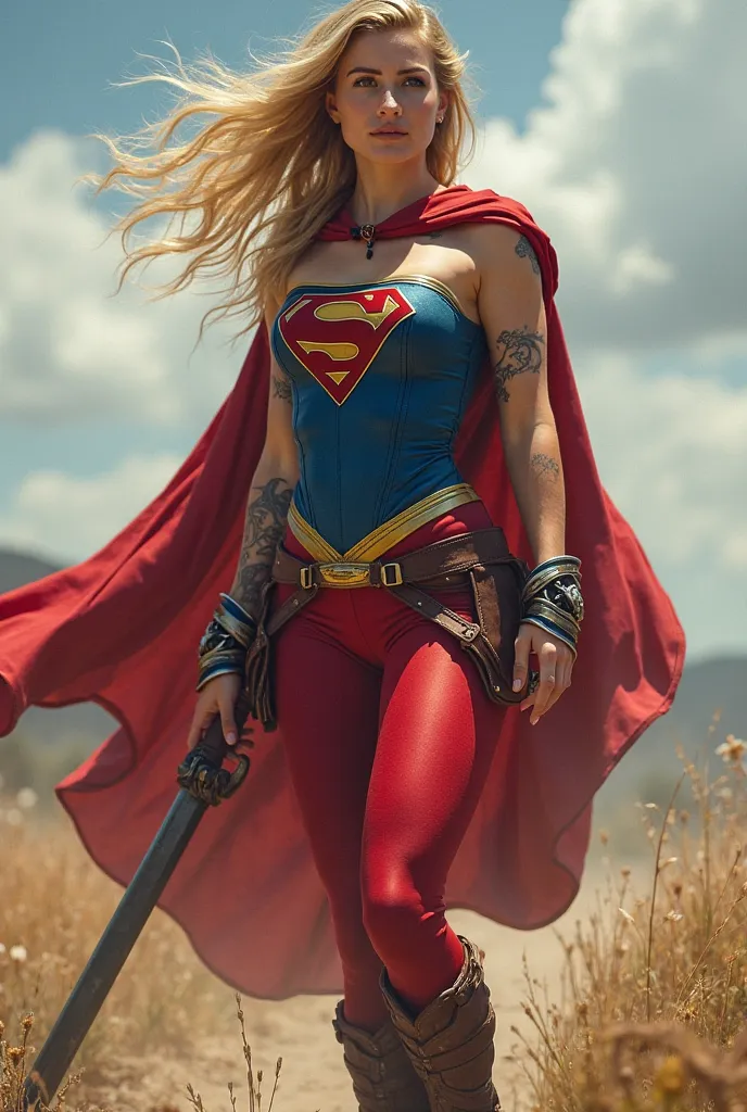 ((((supergirl arms and Blue corset with leg muscles、sturdy woman)))),(((beautiful blonde woman waving in the wind))),(((wide brown leather harness)))),((((red leggings)))),((((shepherd dog red boots con borde)))),(((Sheepskin on the shoulder))),((( tattoo ...