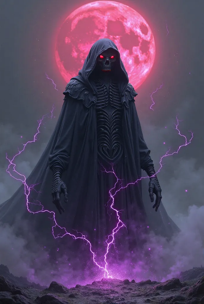 Create a character like a thorn, deformed mouth, black clothing with a hood, red eyes, purple energy emanating from the deep body with a red moon and smoke coming out of the ground 