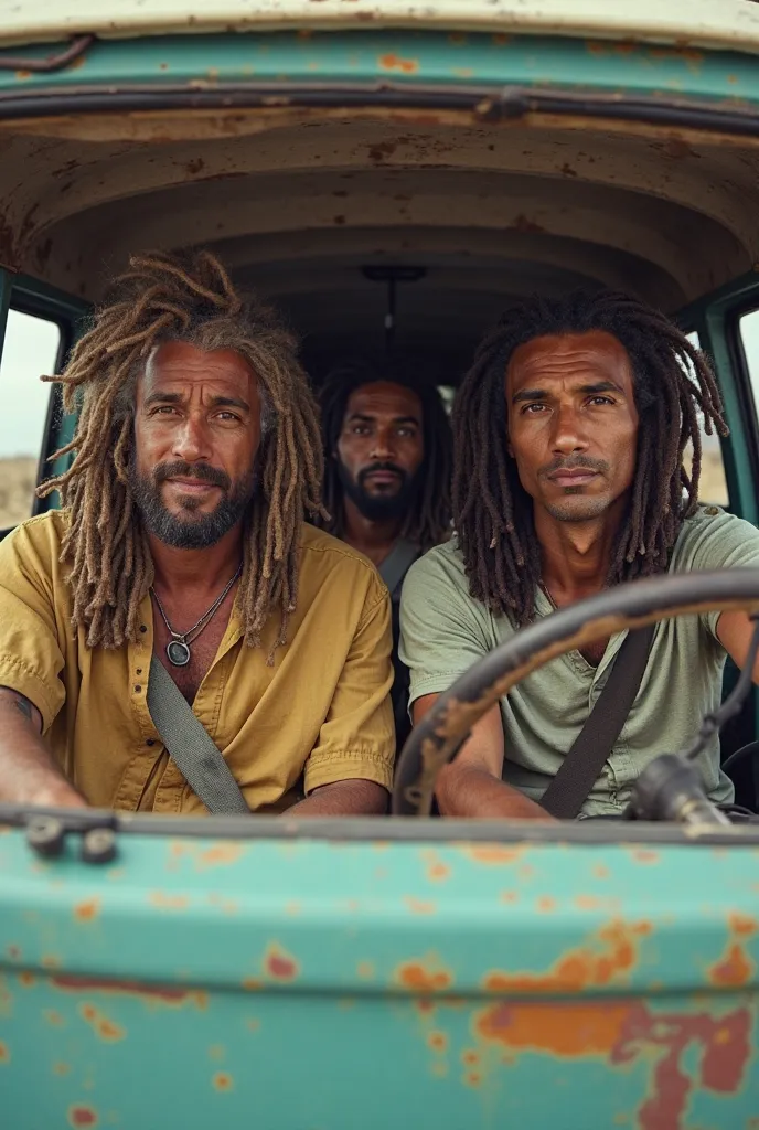 a band with white men from Dreads driving and three other brown men from Dreads inside a van 