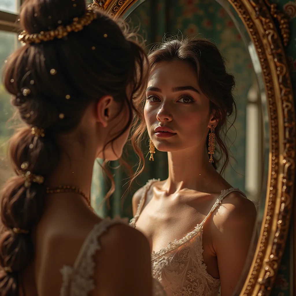 fille en mini jupe posant devant le miroir,beautiful young woman,detailed facial features,elegant pose,introspective expression,soft lighting,ornate mirror,gilded frame,marble floor,luxurious interior,photorealistic,cinematic lighting,dramatic shadows,vivi...