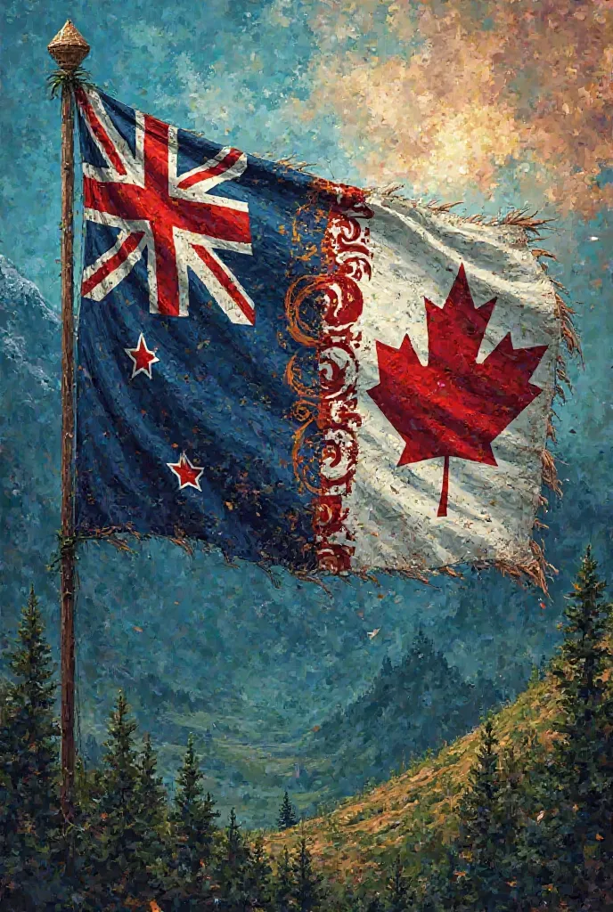 Make me a flag incorporating the Māori flag (New Zealand) and the native american indian flag (Canada)  