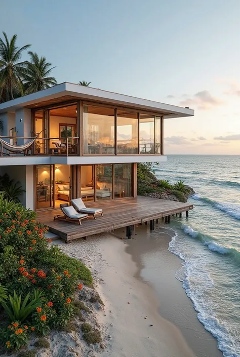 A modern and cozy oceanfront house, with large glass windows that offer a panoramic view From the ocean. The house is made of wood and has a contemporary design, with clean lines and a neutral color palette, such as white and natural wood tones. The porch ...