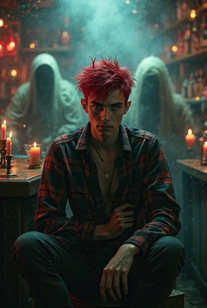 a young guy who looks like a Satanist with red hair and a plaid shirt is sitting in a bar, he has a guitar behind him  , darkness and ghosts are all around 