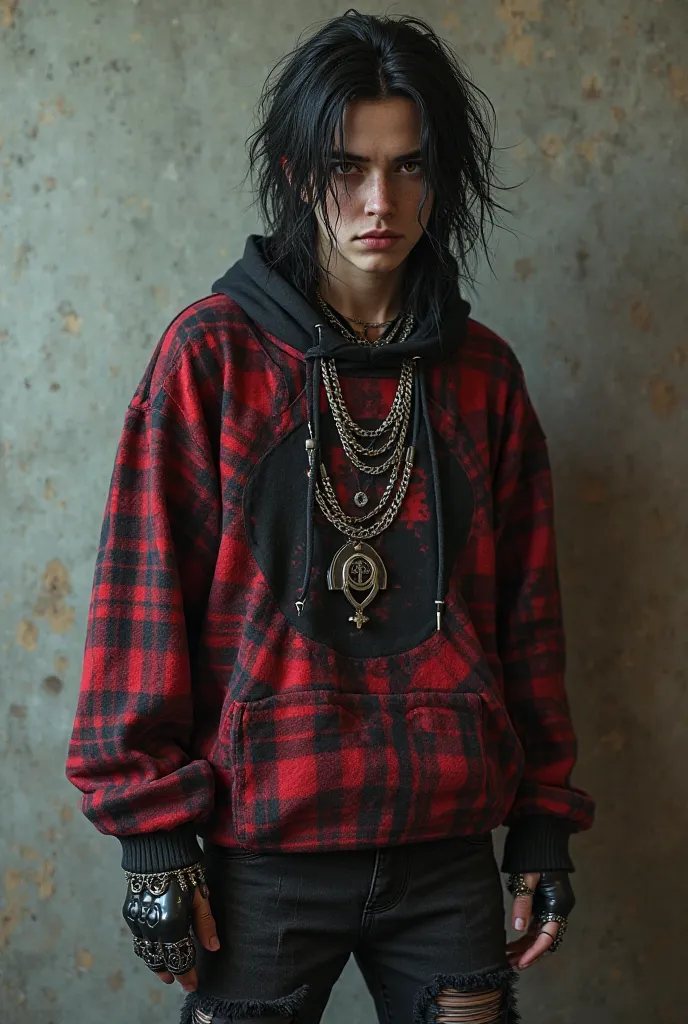 An Emo boy wearing a red and black plaid sweatshirt with ripped black jeans and with lots of chains and piercings High resolution, long hair, 3D rendering, 