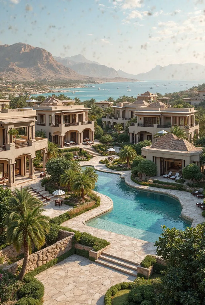 A luxurious master-planned community in Barka, Oman, blending Japanese Samurai elegance, Italian old-money sophistication, and Arabian heritage. The landscape features umbrella pines, cherry blossoms, palm trees, and banana groves, surrounding grand villas...