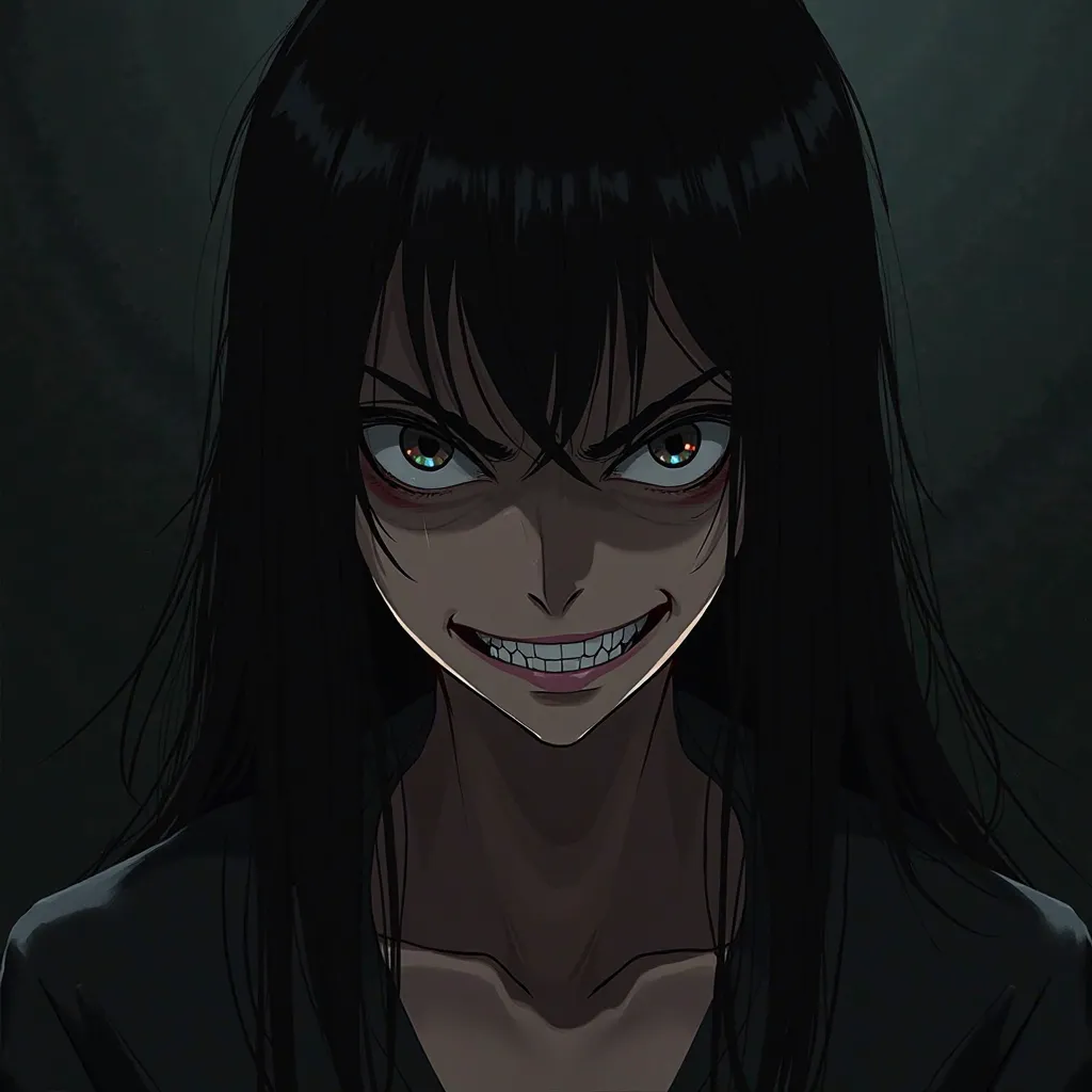 make a woman with evil eyes with dark hair with an angry anime-style smile
