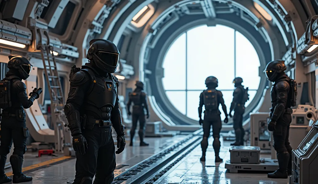 Create a detailed, 8K quality cinematic image rendered in the style of Unreal Engine 5, depicting the characters working on the final preparations of the space station. The scene includes various characters in black sci-fi suits with fully enclosed helmets...