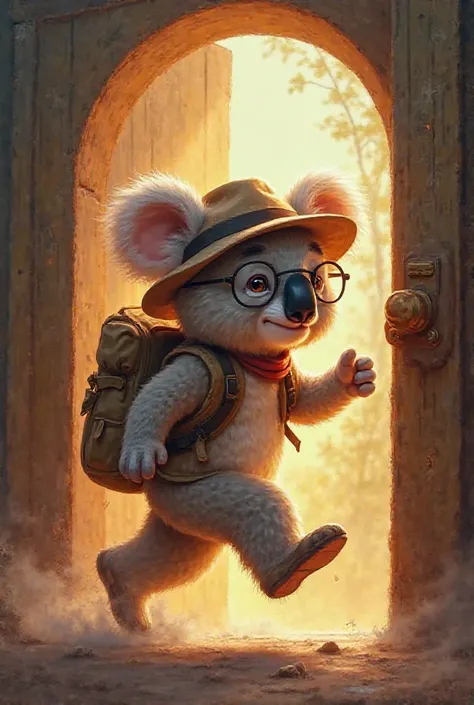 "A realistic, detailed digital painting, in which, the koala is a small and round muted koala, only of a peach-pink (peach-pink) color, running towards the magic door with full force to save his life. His little black nose, round glasses, and safari hat ar...