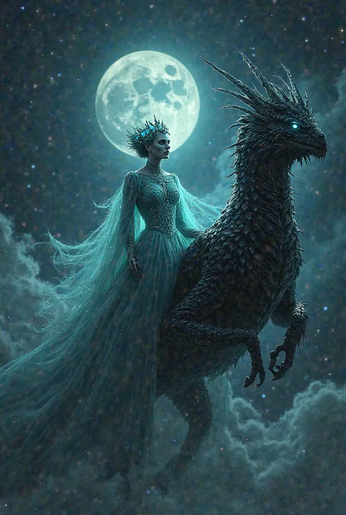 Headless glowing green ghost floating gem filled skull lich queen victorian dress riding ancient black dragon through night sky