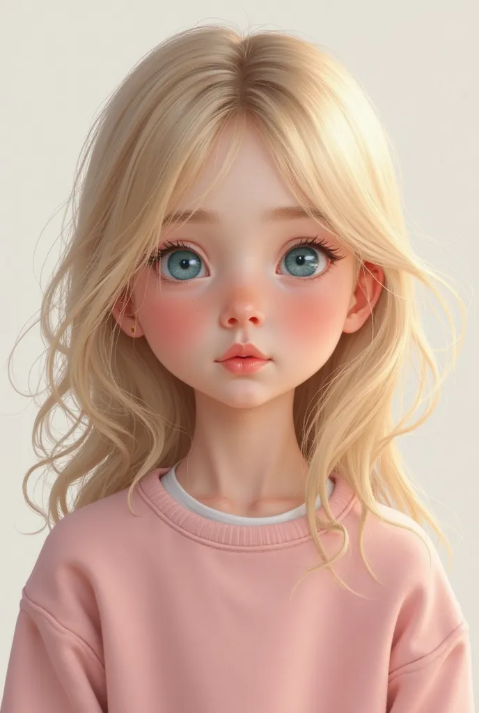 semi realistic drawing of age blonde blue eyed girl wearing a pink sweatshirt
