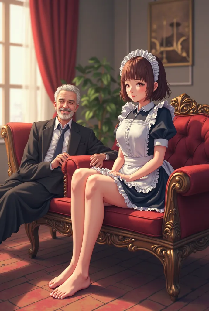 Anime maid gives a foot massage to her boss while he is lying on a scheslong