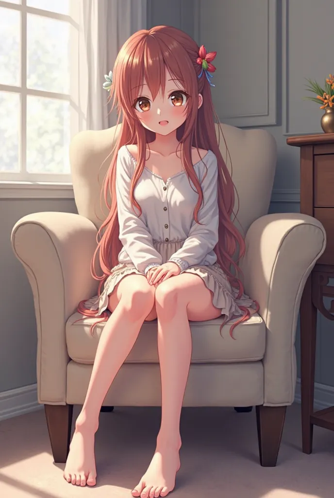 Anime chan sits on a chair and puts her legs on camera