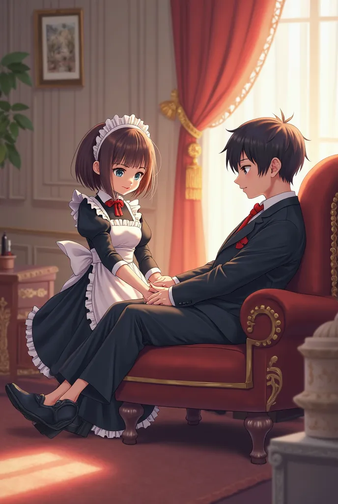 Anime maid sits on her knees and massages her boss's legs with displeasure, while he's on scheslong