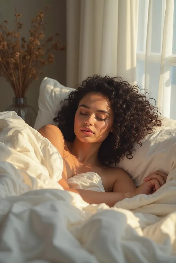 "A beautiful Latina woman named Maria, in her early 40s, sleeps peacefully in a cozy, sunlit bedroom. She has a curvy yet toned figure and a youthful glow. The morning light filters softly through sheer curtains, casting a warm glow on her relaxed face. Sh...