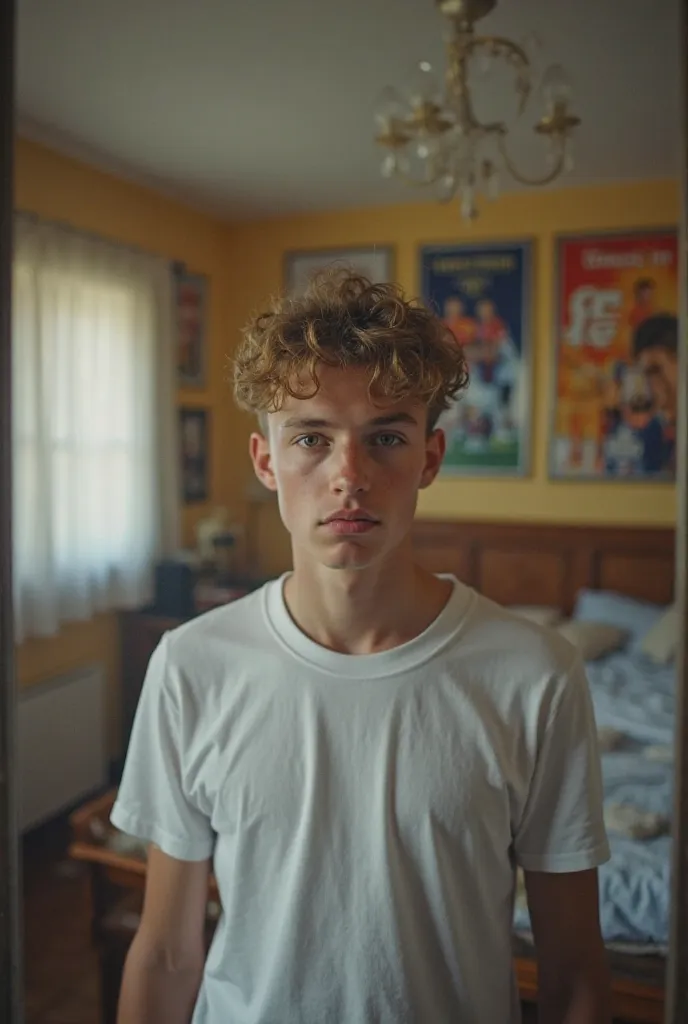 An image like a photograph taken from an iPhone 13, in a mirror , that a boy of about 25 years of age appears, white with slightly curly hair, showing in the background a room with a bed and European football posters