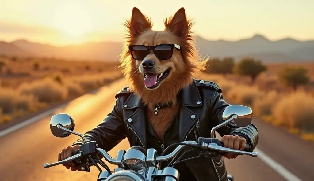 A charismatic dog riding a powerful Harley-Davidson motorcycle on an open road. He wears a well-fitted black leather jacket, stylish sunglasses, and exudes an aura of confidence and adventure. The wind blows through his fur, adding a sense of dynamic movem...