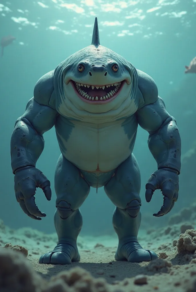 Make him a human with just his arms replaced with gills but make him look human and black also chubby and Down syndrome. Make him look goofy with claws like a crab in the sea but make it like a fusion of a shark, crab and human with the face and most of th...