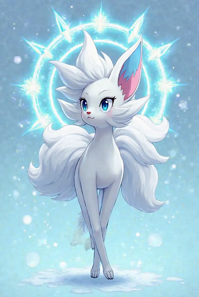 Create an image : a hypothetical son of Lylia and Ninetales in the form of Alola:

**Name**: light

**type**: ice/Pixie

** semi-feminine **:
- **For the**: Her hair is Of a snow-white, with silver reflections that shine in the sun. light ha una criniera s...