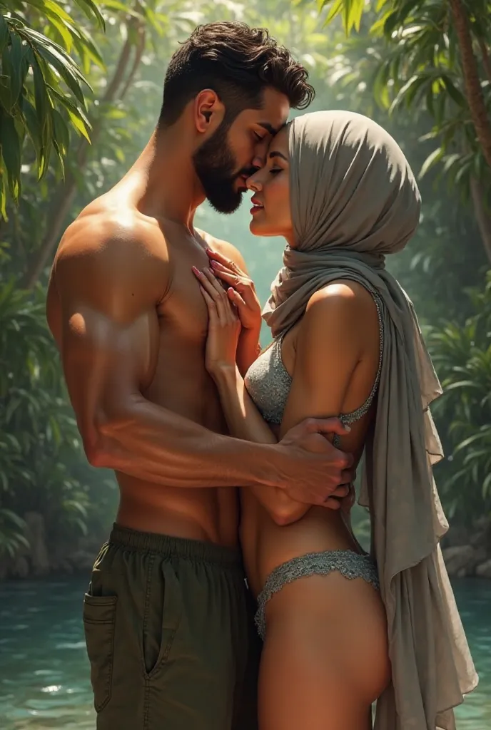 Picture of shirtless muslim boy having romance in his with his muslim wife wearing hizab and bikini.