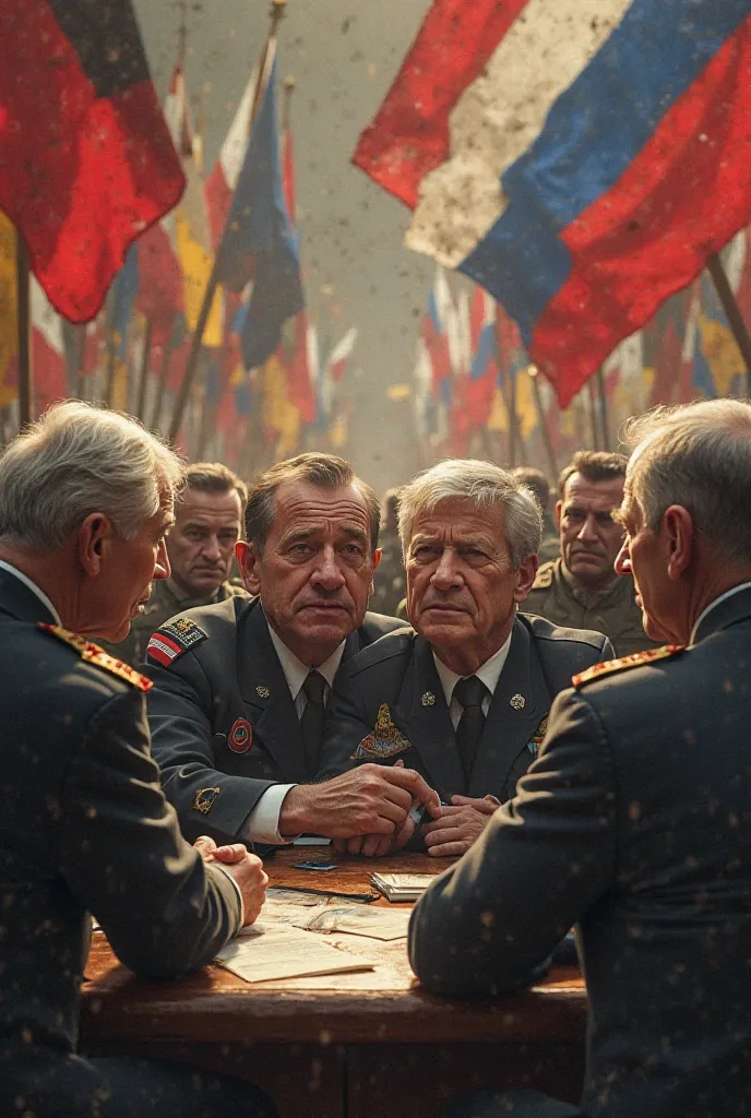 "A powerful scene of world leaders in tense discussions, with the weight of the decisions hanging in the air as countries declare war. Flags of Austria-Hungary, Serbia, Germany, and Russia are displayed, with anxious expressions on the faces of politicians...