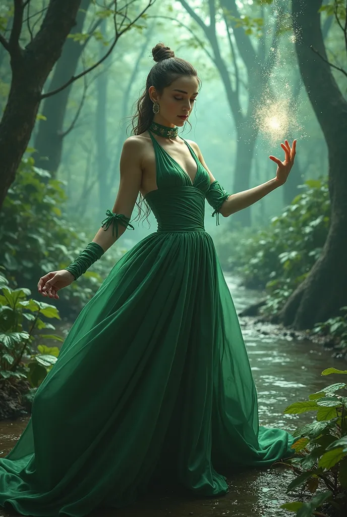 Stunning sexy magician, dress with high collar. Fond : swamps, best quality skirt, 8k, Extremely detailed.