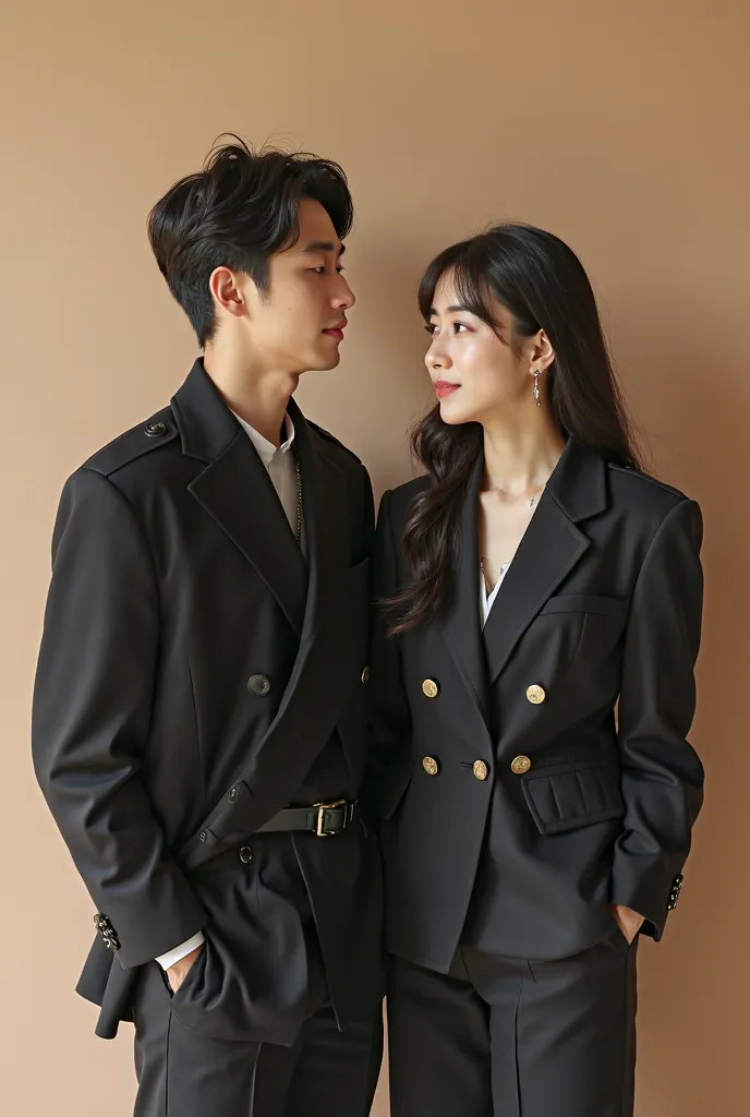 there are two asian people standing next to each other, a picture by Kanbun Master, instagram, realism, photoshoot, ruan jia and brom, 165 cm tall, 155 cm tall, lovely couple, formal attire, promotional photoshoot, smooth in _ the background, & jeehyung le...