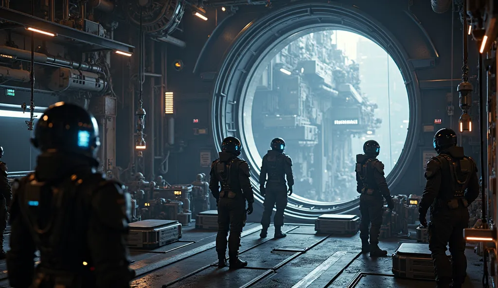 Create a detailed, 8K quality dark cinematic image rendered in the style of Unreal Engine 5, depicting the characters working on the final preparations of the space station. The scene includes various characters in black sci-fi suits with fully enclosed he...